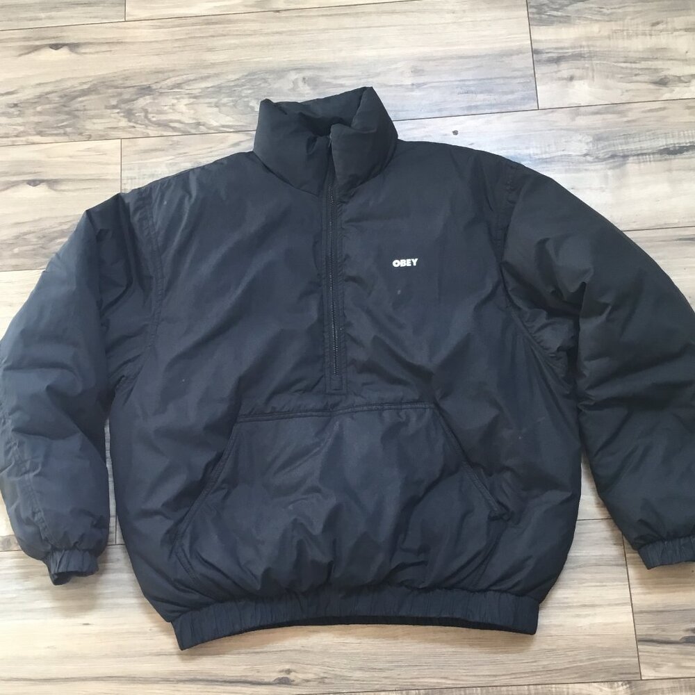 OBEY Puffer Cropped Jacket Overcoat Quilted Logo Half Zipper Pockets Blk S